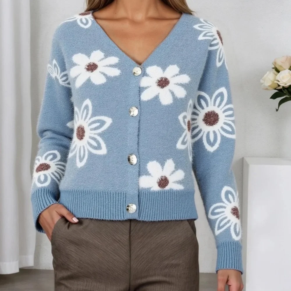 Bibifish floral print soft fuzzy knit button up cardigan sweater